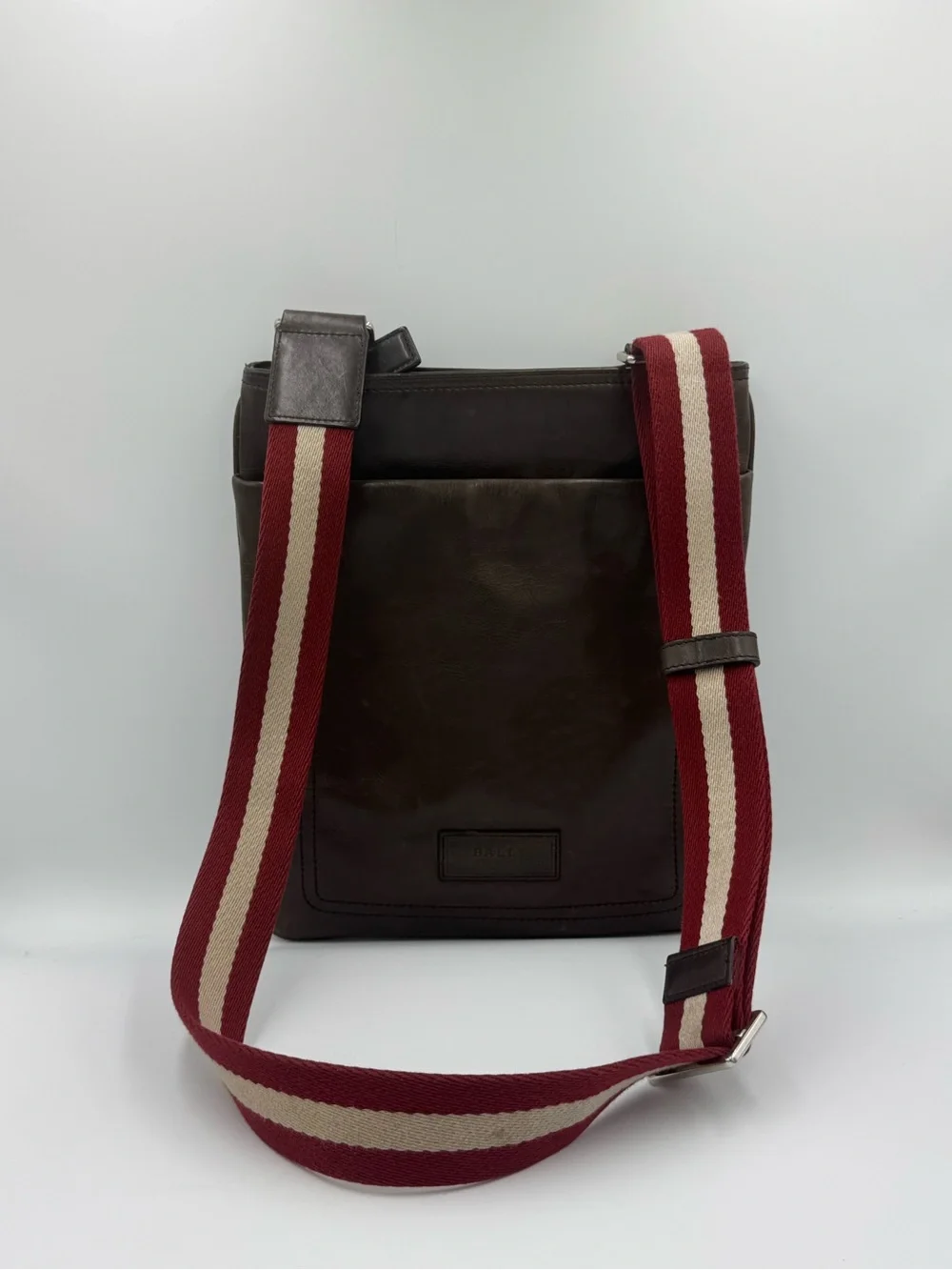 Bally Brown Smooth Leather Messenger with Red & Cream Striped Adjustable Strap